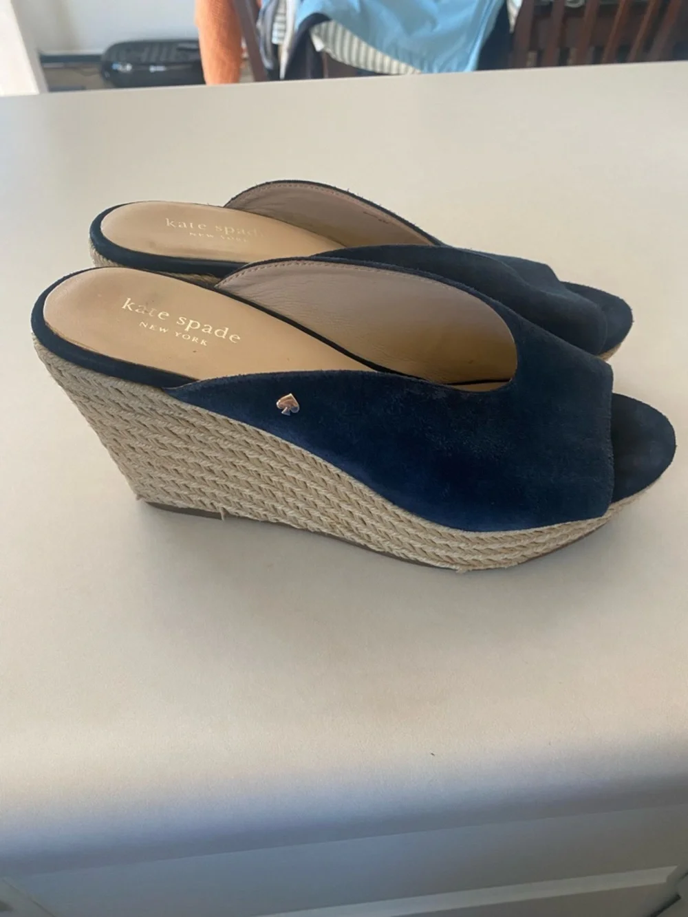 KATE SPADE THEA WEDGE ESPADRILLE SANDAL HEEL SUEDE NAVY WOMENS SZ 8